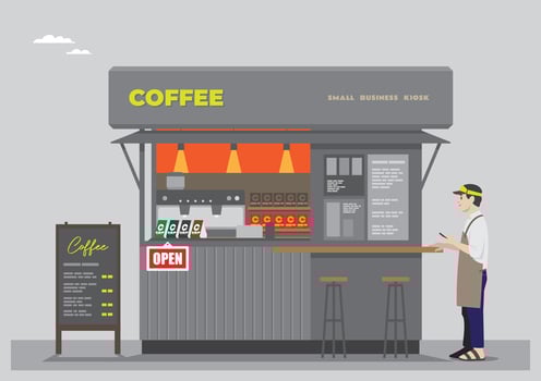 an illustration of an open coffee shop with a ramen coffee sign and dark grey colors with barista stand vector