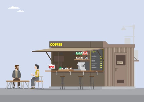 an illustration of an open coffee shop with a coffee sign and couple sitting in enjoyment vector