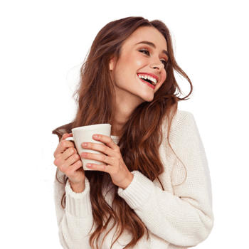 Portrait of a Young Woman with Long Brown Hair Holding Coffee Mug in a Cozy Setting png