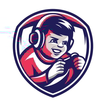 mascot icon illustration of a young boy playing game on a controller set inside a shield vector