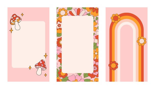 Trendy stories templates for social media. Set of vertical frames with groovy retro 70s style design. Backgrounds with white flower, wavy striped, checkered. Flat calm green wallpaper vector