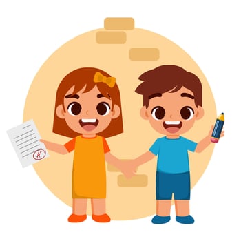Flat illustration a couple kids get great score exam, bring pencil vector
