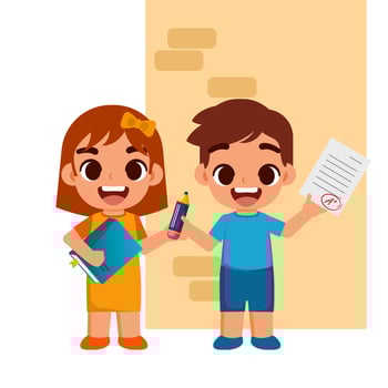 Flat illustration a couple kids get great score exam, bring pencil and book vector