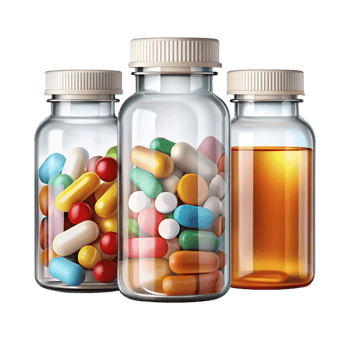 Different Medical Pills in bottles isolated on transparent background png