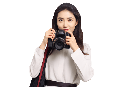A beautiful woman holding a camera and posing for the camera png