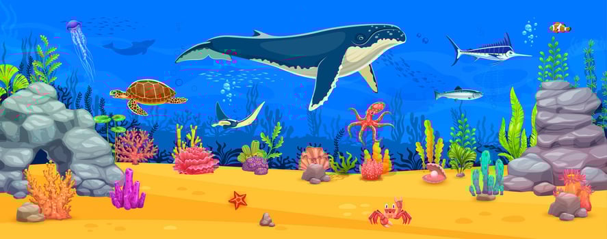 Cartoon underwater landscape, whale, sea animals vector