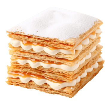A stack of pastry with cream and sugar on top. png