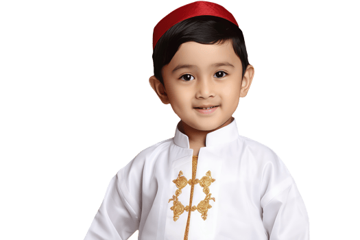 A young boy in a white and red outfit. png