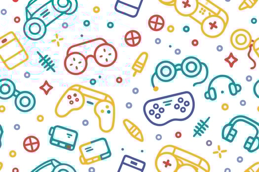 a colorful pattern with various game controllers and other items vector