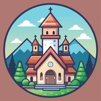 church icon with mountains and trees vector