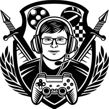 a black and white logo of a gamer with a controller vector
