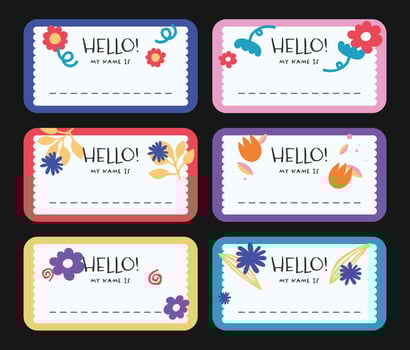 Notebook labels with cute kids icons subjects, colorful design, template for school book labels, name and class set stickers vector