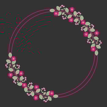 Beautiful Circle Frame Decorated With Love Pink Fuchsia Flowers And Green Leaves vector