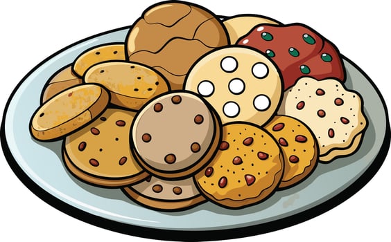 Vibrant drawing of cookies on a plate, highlighting diverse shapes, ingredients, and a sweet, delicious aesthetic for food art lovers vector