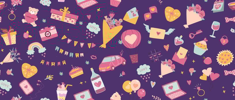 Colorful valentine's day pattern with hearts, gifts, and love themed icons vector