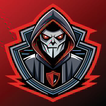 a red and black logo with a hooded man vector