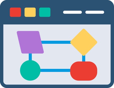 A flat icon of a computer screen with a diagram of a network vector