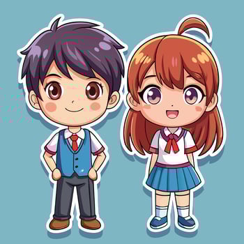 cartoon boy and girl in school uniform vector