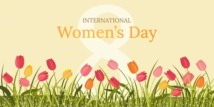 International Women's Day. Horizontal floral banner with tulip flowers and number 8. Elegant spring background or flyer for March 8. Modern template for international women's celebration. vector