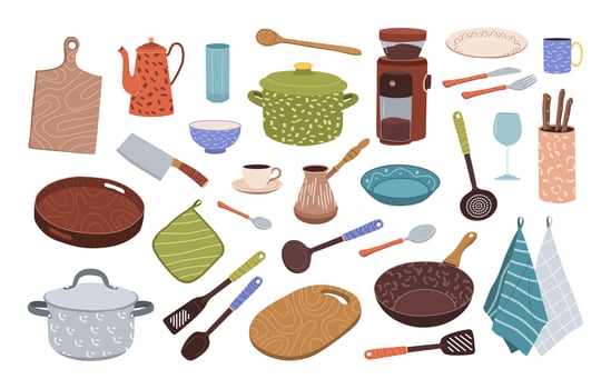 Kitchenware set. Utensils, kitchen tools and equipment for cooking. Appliances, cutlery and kitchen gadgets collection. Isolated flat illustrations on white background. vector