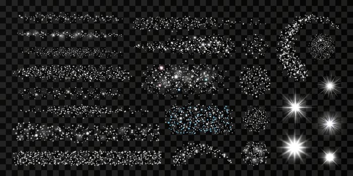 Silver glitter design set with light effect. Isolated strokes, dots, confetti, stars, sunlight, lines, particles on dark background. Abstract luxurious glowing elements for birthday, New Year designs. vector