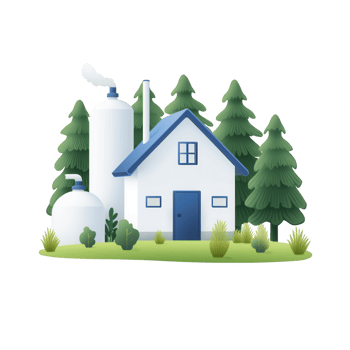 A cozy cottage surrounded by lush trees and modern infrastructure for sustainability. png
