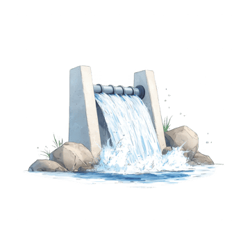 A serene water flow cascading over a modern dam structure into a tranquil pool. png