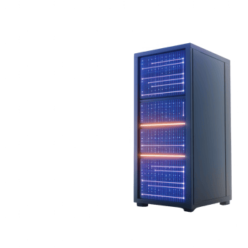Futuristic server cabinet with glowing lights and digital interfaces. png