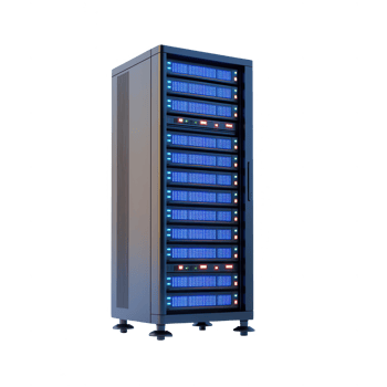 High-tech server rack with glowing components and modern design for data storage. png