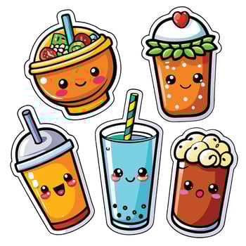 cute asian drinks stickers set vector