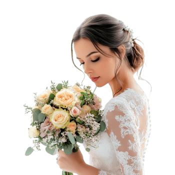bride holding bouquet of flowers on transparent background png