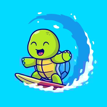 Cute Turtle Surfing On Wave Cartoon Illustration vector