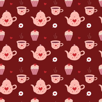 Cute seamless pattern with love elements. Teapot, cup, cupcake and heart in speech bubble. Saint Valentines day hand drawn pattern for wrapping, textile vector