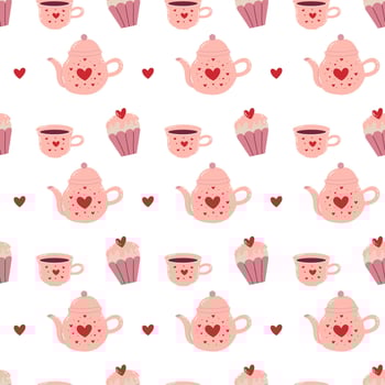 Hand drawn seamless pattern with teapot, cup and cupcake. vector