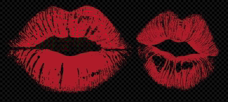 illustration of lipstick kiss mark set. Sexy red lip shapes in silhouette, isolated on white. Romantic cosmetic imprint collection symbolizing love, passion, and beauty. vector