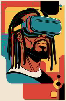 Retro mid century modern futuristic poster with black man wearing virtual reality headset vector