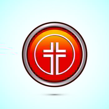 Christian cross icon design illustration, Religion sign. Holy cross logo symbol, Orange color round button design vector