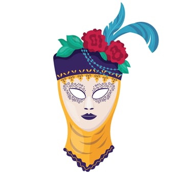 Authentic carnival mask for woman with hat decorated flowers and feather Mardi gras holiday masque in medieval style Masquerade party accessory capturing spirit of celebration flat illustration vector