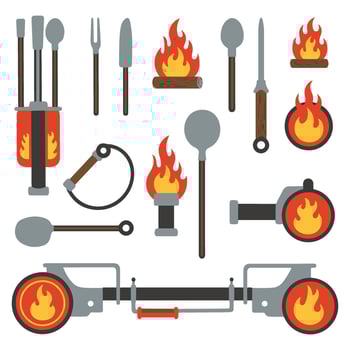 A vibrant collection of 16 hand-drawn icons depicting fantastical fire and weapon elements vector