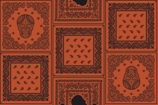 a pattern of black and orange bandanas on a red background vector