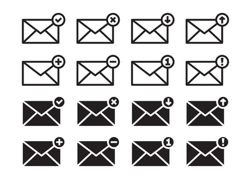 Envelope icons with various notifications, such as checkmarks, alerts, and download symbols in different styles. illustration. vector