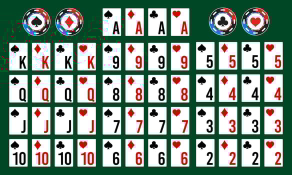 Poker deck of cards with isolated cards. Set of Poker and casino playing cards, full deck. vector