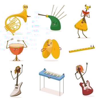 Funny Musical Instruments Cartoon Characters with Funny Faces Set, Guitar, Synthesizer, Flute, Bagpipes, Balalaika, Cymbals, Drum Illustration vector