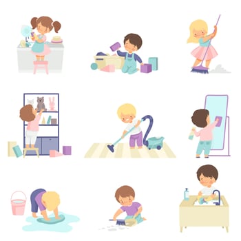 Cute Adorable Kids Doing Housework Chores at Home Set, Cute Little Boys and Girls Washing Floor, Dishes, Cleaning Up Toys Illustration vector