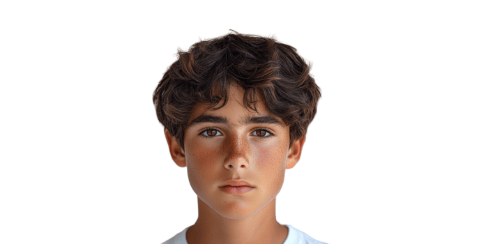 Serious Boy With Brown Hair Isolated on Transparent Background. png