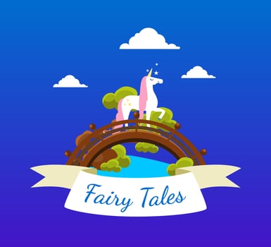 Fairy Tales Banner Template with Beautiful Unicorn, Birthday Invitation Card, Banner, Poster, Brochure, Kids Party Design Element Illustration vector