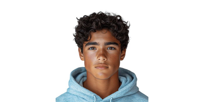 Teenage Boy With Curly Hair in Hoodie Isolated on Transparent Background. png