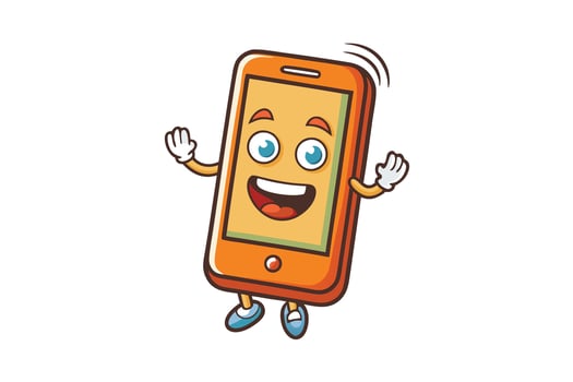 Friendly cartoon smartphone with expressive eyes, waving gestures, and lively personality, isolated on a clean white background vector