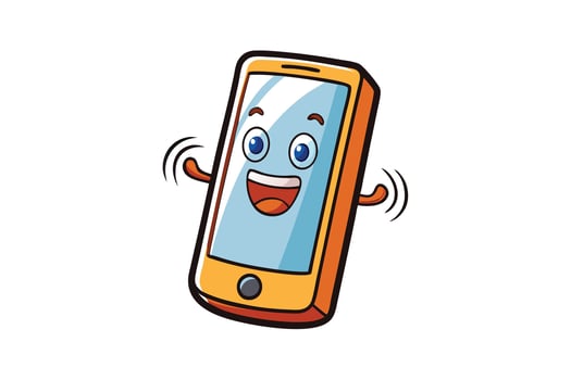 Vibrant cartoon smartphone mascot with cheerful expression, animated arms, and joyful energy, isolated on white background vector
