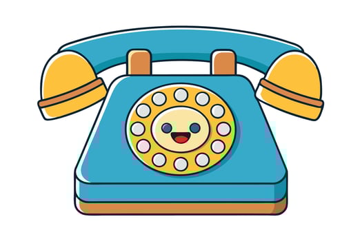 colorful retro telephone illustration with detailed rotary dial, bright blue and orange hues, perfect for technology themed graphics vector